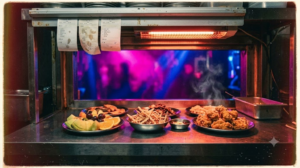 Anju plates under a red heat lamp at a Seoul club kitchen pass, dancefloor light beyond (AI recreation)