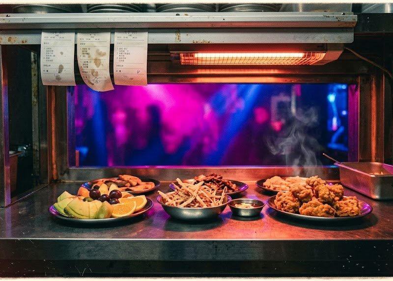 Anju plates under a red heat lamp at a Seoul club kitchen pass, dancefloor light beyond (AI recreation)