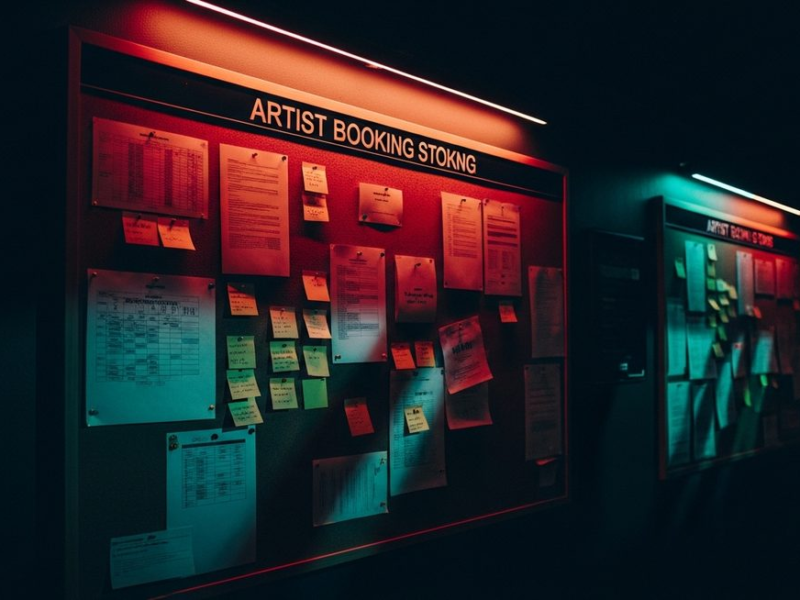 Illuminated booking board in a dim club corridor with dramatic pink and teal neon light, papers pinned to cork