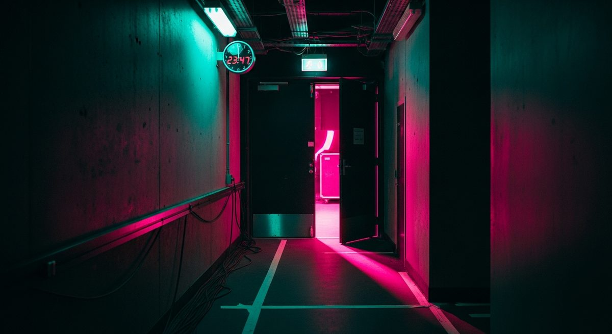 Narrow backstage corridor with clock and hot pink stage light bleeding through far door