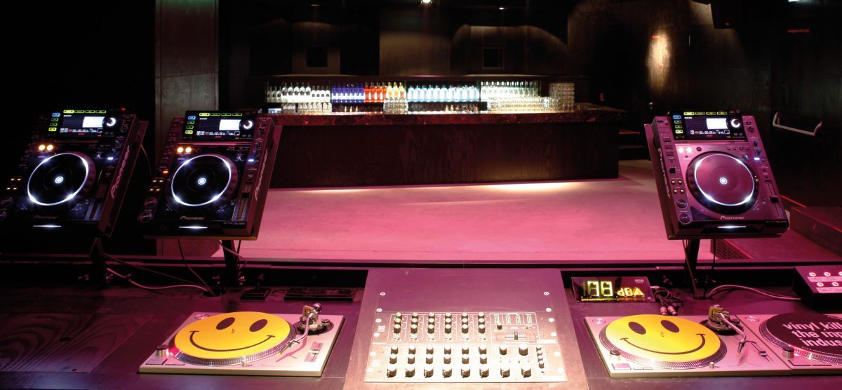 The DJ booth at Bob Beaman nightclub in Munich, Germany — one of Europe’s legendary club venues