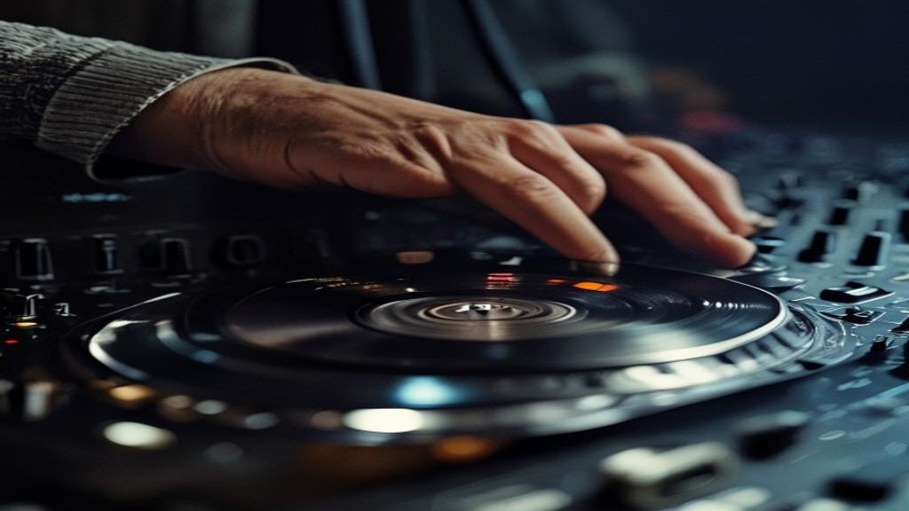 Hands on CDJ jogwheel in a club booth under red light