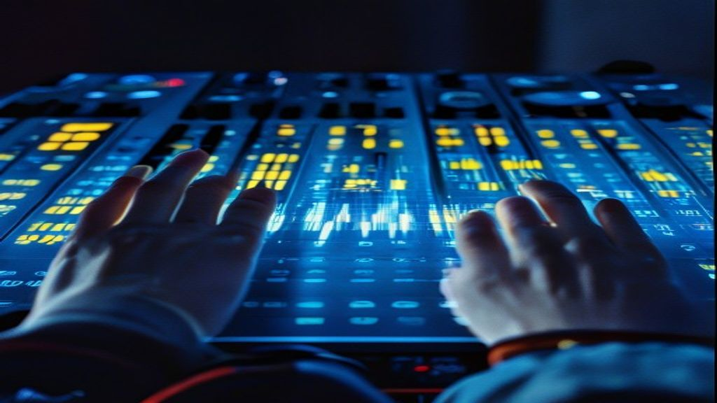 CDJ screen showing waveform with DJ hands in motion