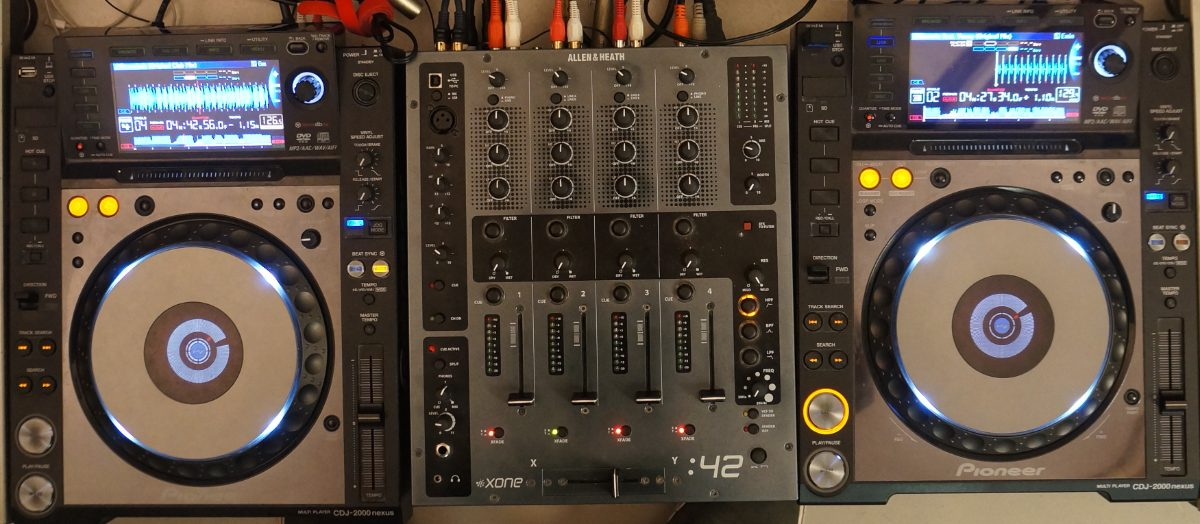 Pioneer CDJ players and Allen & Heath Xone 42 mixer, a classic professional DJ setup