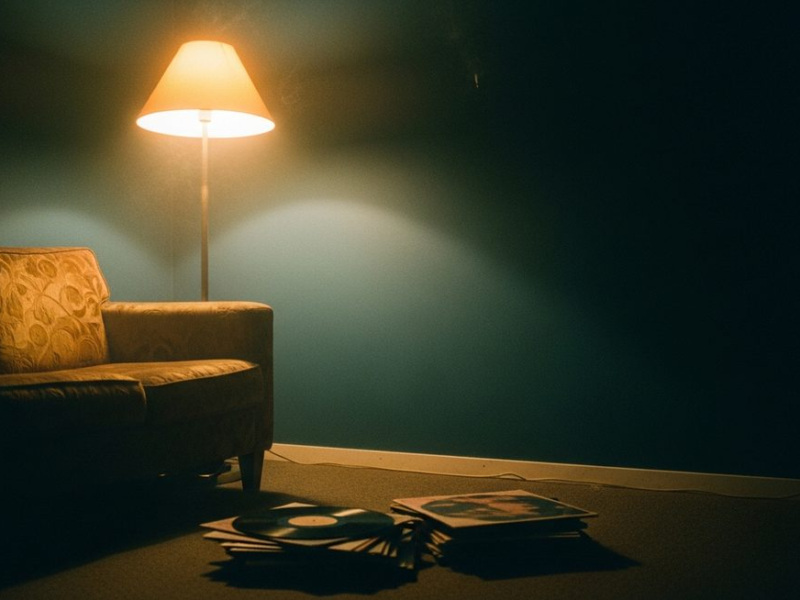 Low-lit late-night chill-out room, worn velvet sofa under amber floor lamp, vinyl albums on floor in foreground, deep teal shadow, smoke haze