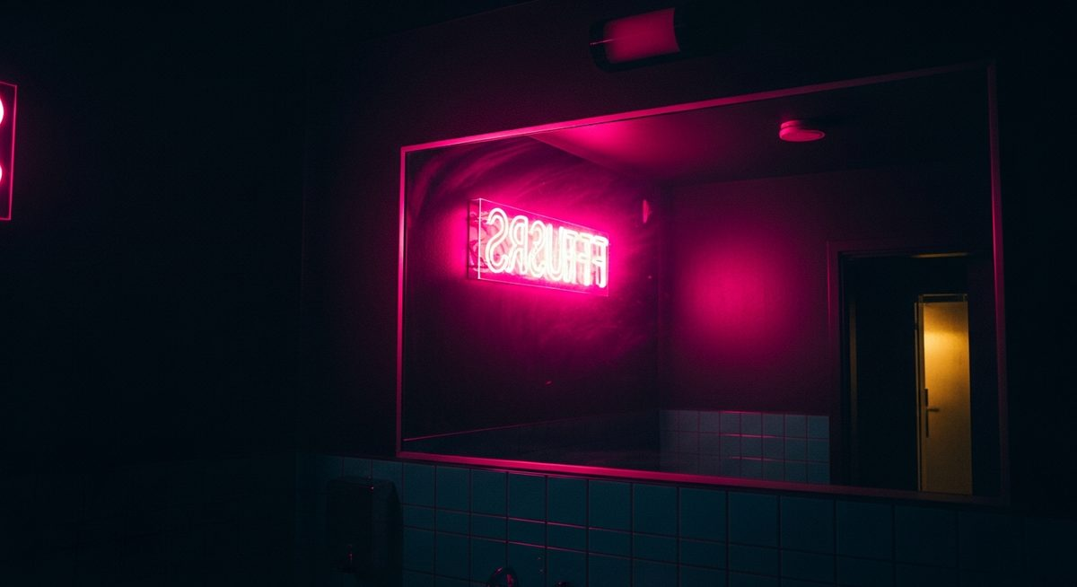 Dark club bathroom mirror reflecting hot pink neon signage, moody late-night atmosphere with gold and teal accents
