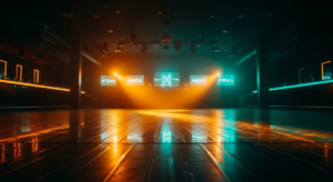 Empty nightclub just before opening, warm golden ambient light transitioning to cooler teal in far shadows, reflective dance floor, anticipation