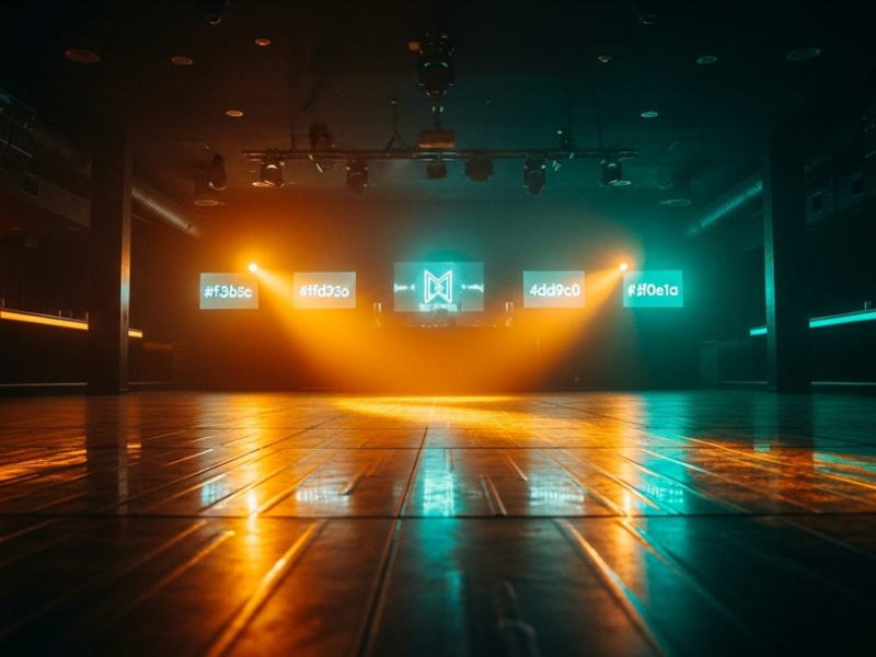 Empty nightclub just before opening, warm golden ambient light transitioning to cooler teal in far shadows, reflective dance floor, anticipation