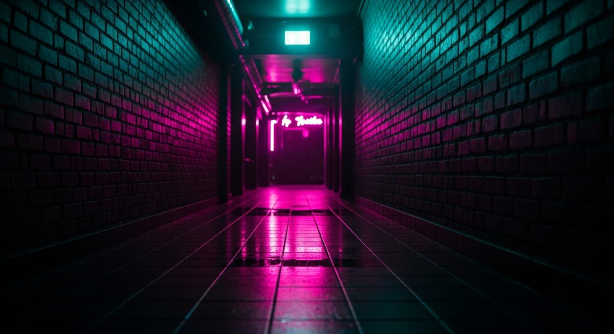 Dark club corridor at night with teal screen glow on brick walls, pink neon reflection on wet floor