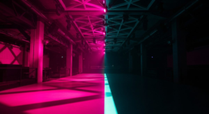 Nightclub interior dramatically split by light, one half bathed in hot pink neon, other half in total shadow, teal floor accent
