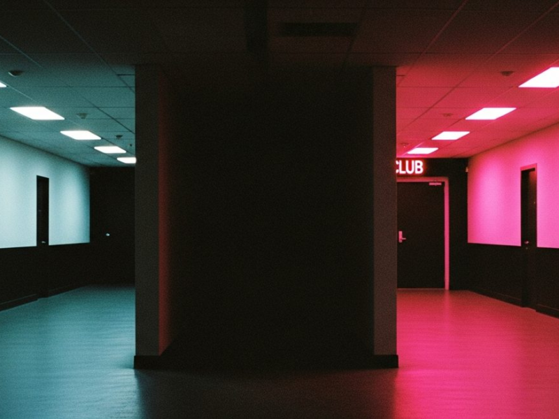 Long dark corridor with cold office fluorescent light at one end, hot pink club light at the other, complete shadow in the middle