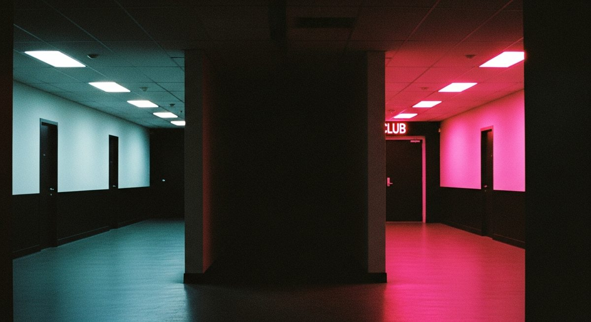 Long dark corridor with cold office fluorescent light at one end, hot pink club light at the other, complete shadow in the middle