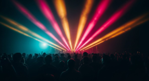 Crowd silhouettes from behind facing a lit stage, dramatic pink and gold light beams through haze, no faces visible