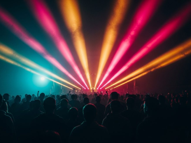 Crowd silhouettes from behind facing a lit stage, dramatic pink and gold light beams through haze, no faces visible