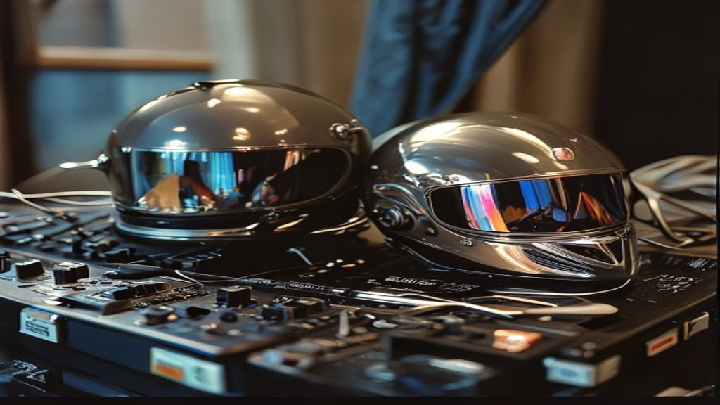 Two chrome helmets on a DJ flight case — anonymity as artistic choice