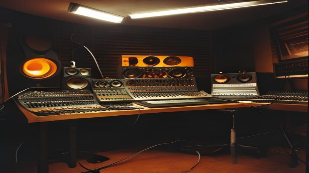 Late-night studio recording booth — two headphones, mixing console, the infrastructure of making electronic music