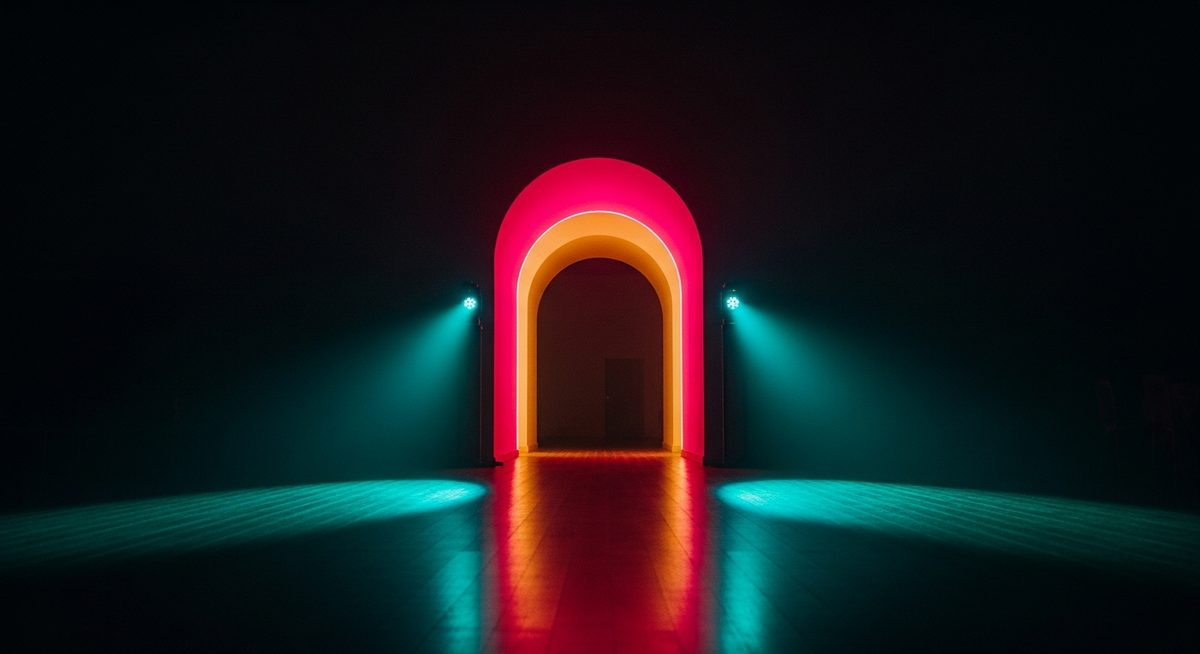 Empty dance floor with glowing archway at far end, hot pink and gold backlighting with teal on the near floor