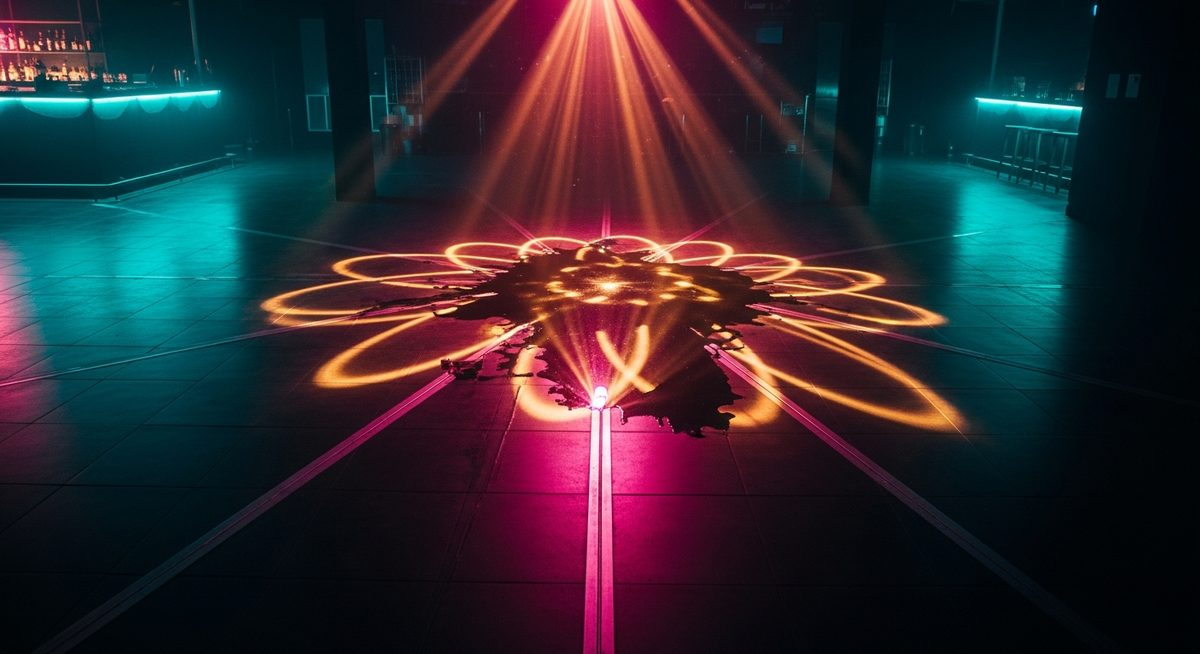 Empty nightclub dance floor from above, spilled liquid creating a mirror reflecting pink and gold lights