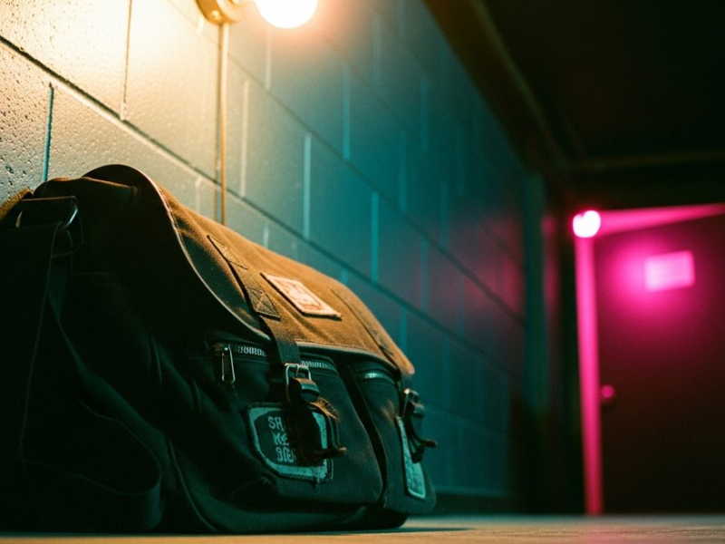 Worn black canvas messenger bag against a backstage wall, gold light from above on zips, hot pink from stage lights under a door