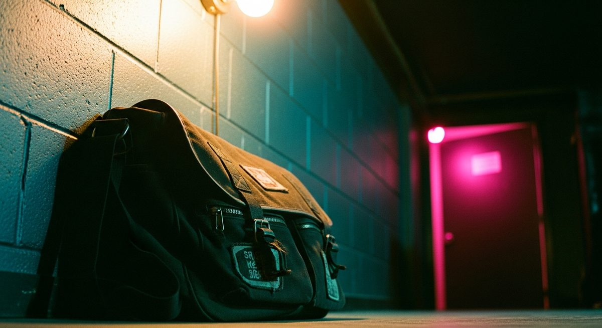 Worn black canvas messenger bag against a backstage wall, gold light from above on zips, hot pink from stage lights under a door
