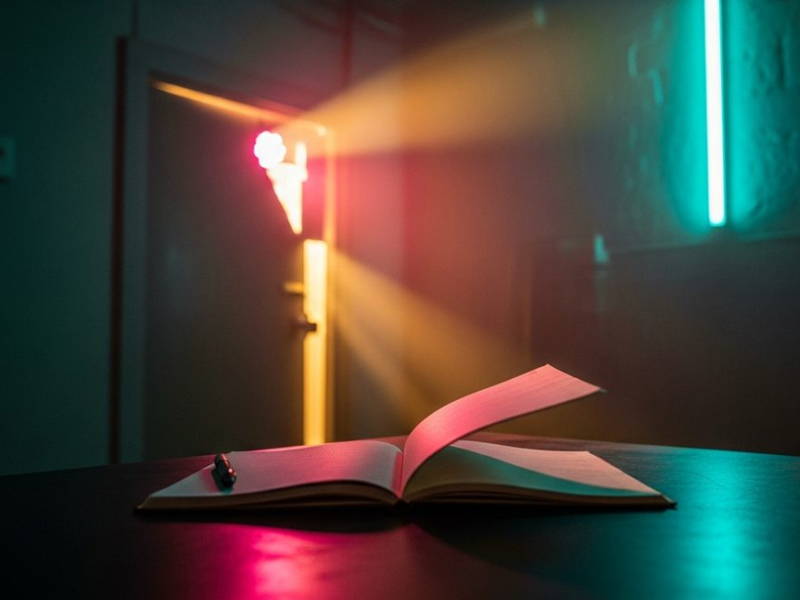 Dimly lit writing corner backstage in a club, notebook on table with pink and gold light, teal accent wall
