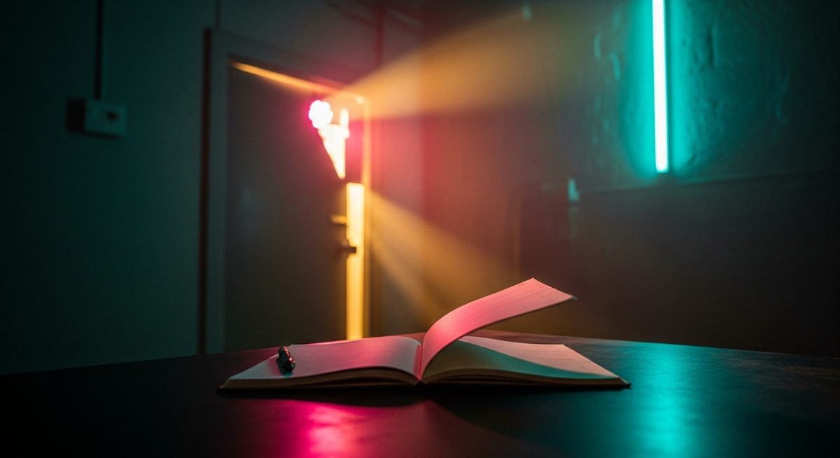 Dimly lit writing corner backstage in a club, notebook on table with pink and gold light, teal accent wall