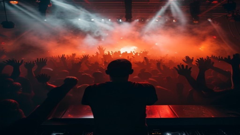 DJ booth dancefloor view crowd silhouettes