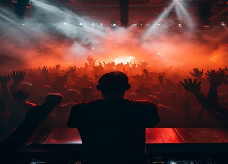 DJ booth dancefloor view crowd silhouettes
