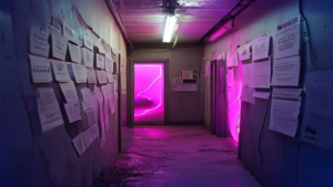 Backstage club corridor with booking flyers on corkboard, harsh fluorescent light, crack of pink neon dancefloor light from half-open door