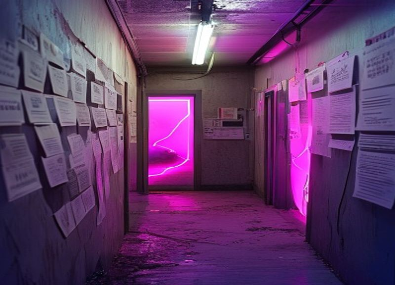 Backstage club corridor with booking flyers on corkboard, harsh fluorescent light, crack of pink neon dancefloor light from half-open door