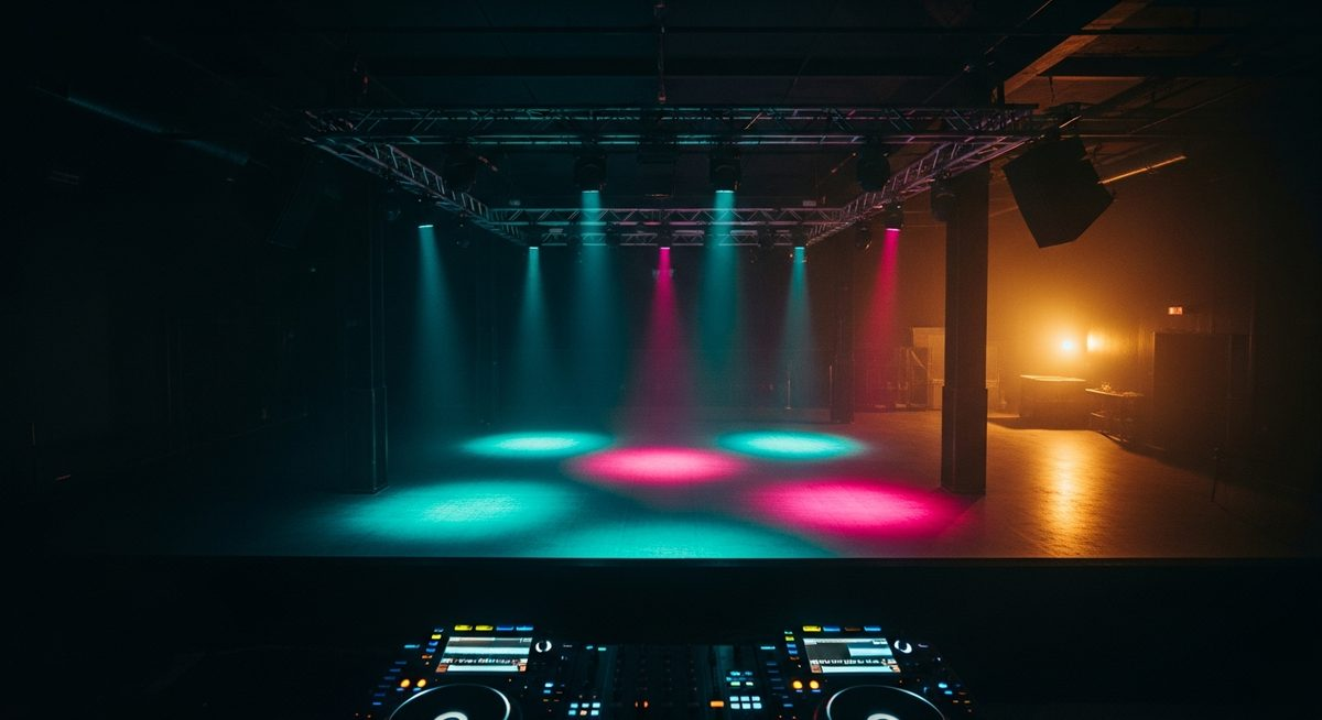View from elevated DJ platform looking out at empty glowing dance floor, teal and pink light pools below, warm gold side light