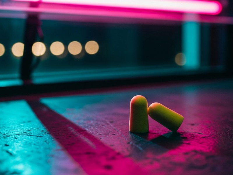 Foam earplugs resting on a dark surface, hot pink neon light casting a long shadow, blurred club lights out of focus in background