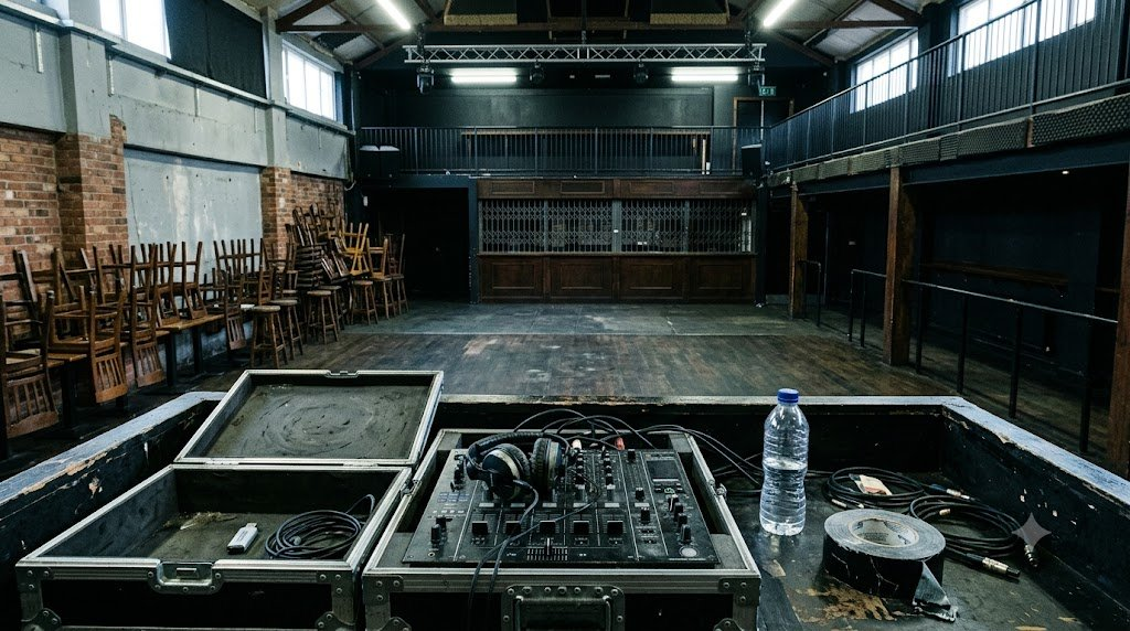 An empty club at load-in: flight case open on the booth, headphones and USB on the mixer, bare house lights over an empty floor
