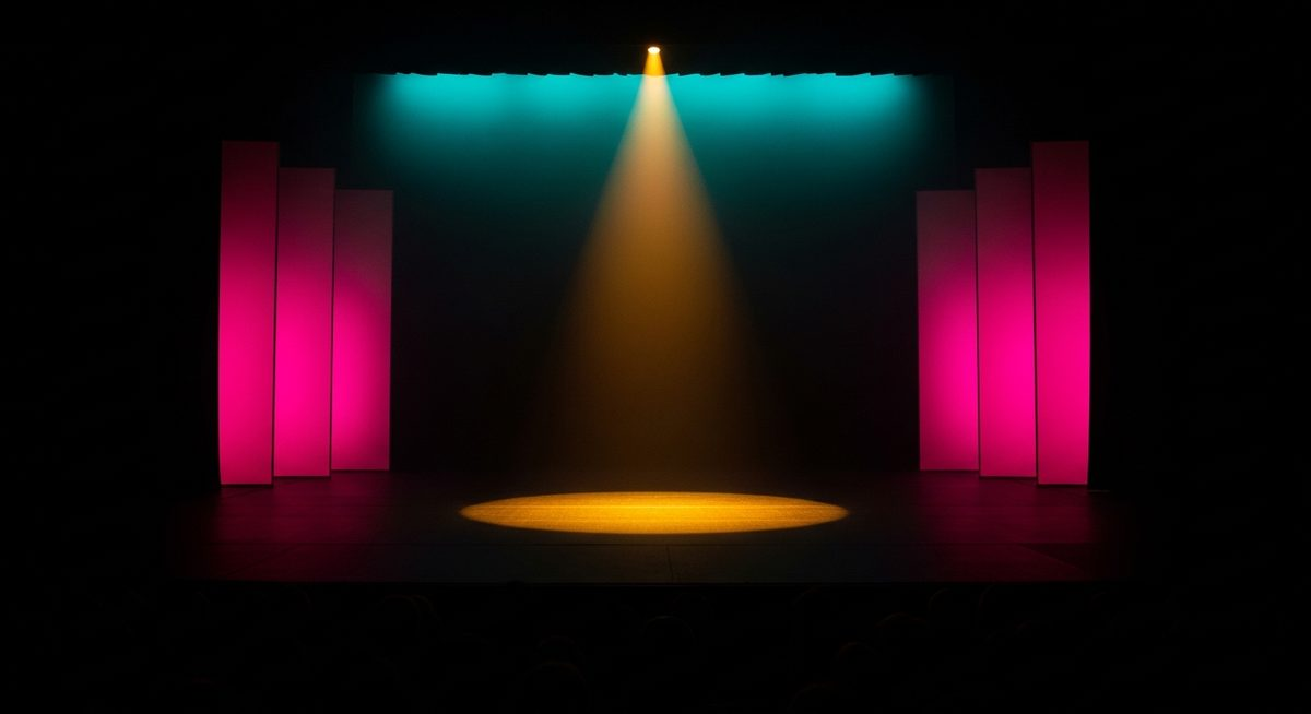 Empty stage viewed from audience area with single warm gold spotlight and pink wing lights, teal ceiling