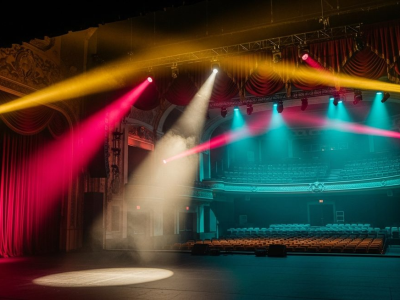 Empty theatre stage with dramatic spotlight cutting through atmospheric haze, warm gold and pink stage lights, teal wash on curtains