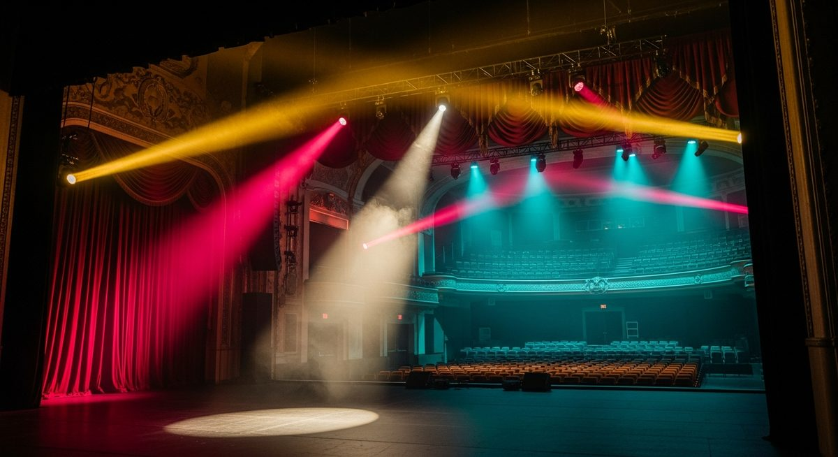 Empty theatre stage with dramatic spotlight cutting through atmospheric haze, warm gold and pink stage lights, teal wash on curtains
