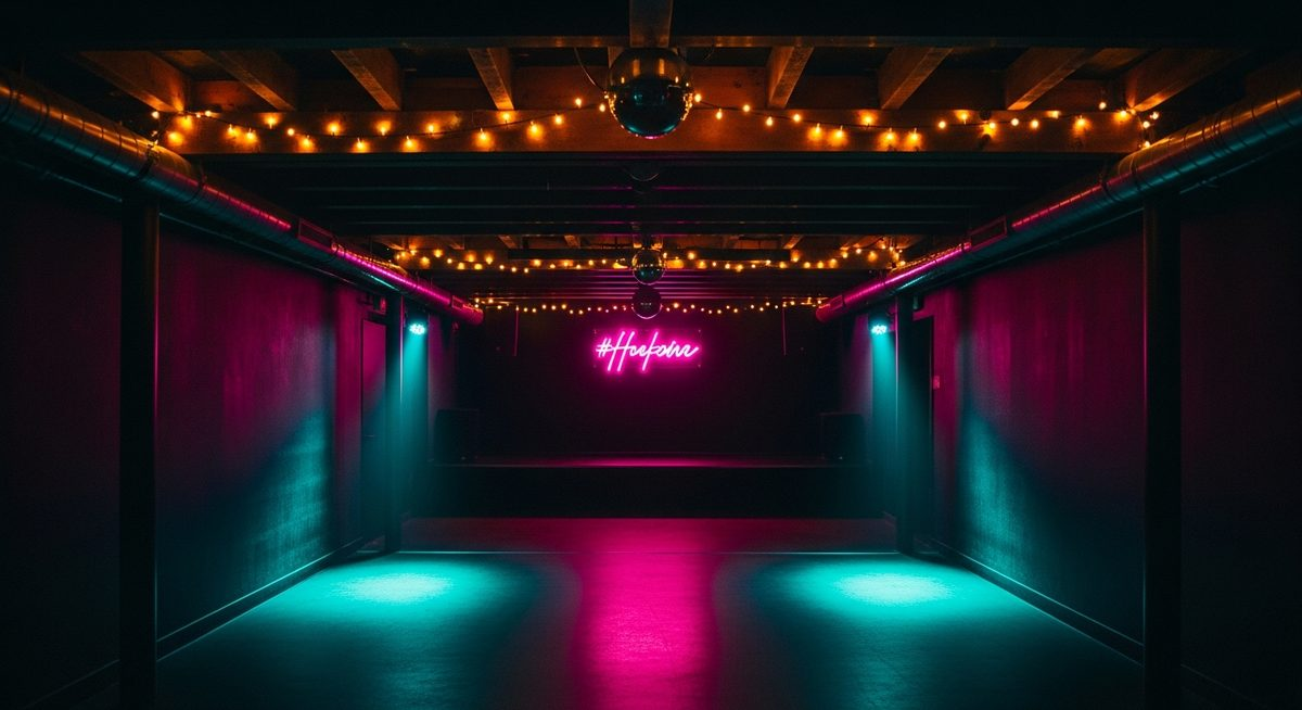 Small intimate underground club with amber fairy lights and pink neon, empty dance floor