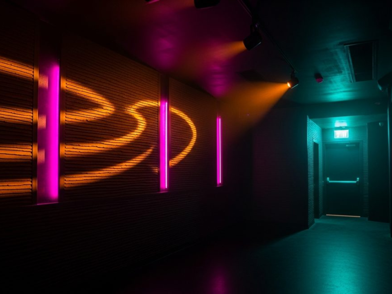 Dark nightclub interior with amber and gold pulsing light patterns on walls, hot pink accent fixtures, teal light near exit