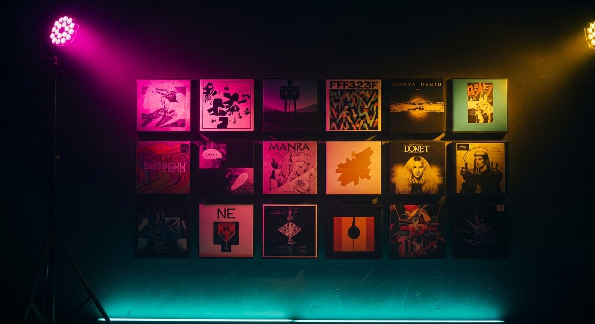 Colorful record sleeves on a dark wall lit by dramatic pink and purple stage light with teal accent glow below