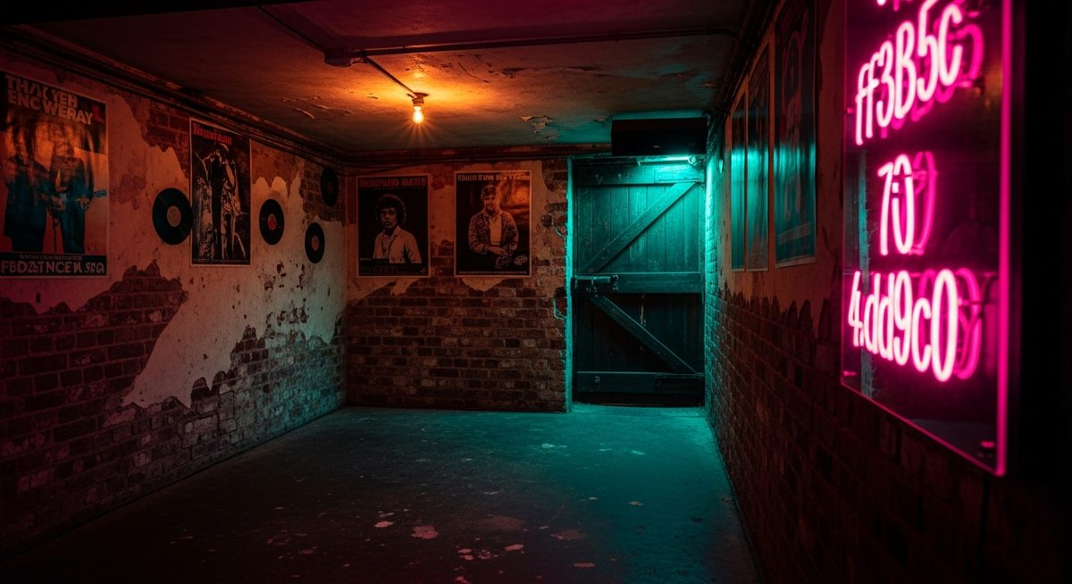 Small intimate underground club with low ceiling, amber light, pink neon, vinyl posters on brick walls