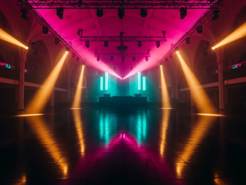 Vast empty club dance floor with dramatic ceiling lighting rig casting hot pink and gold beams, teal wash on far wall
