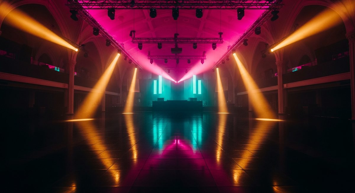 Vast empty club dance floor with dramatic ceiling lighting rig casting hot pink and gold beams, teal wash on far wall
