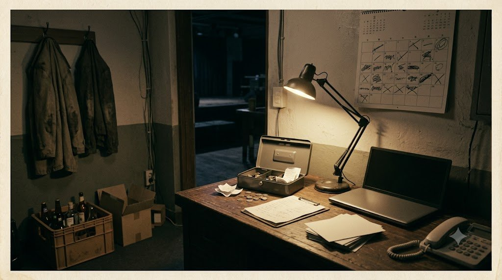 A small venue back office late at night: cash tin and clipboard on a cluttered desk, landline, stack of flyers, wall calendar, one lamp lit