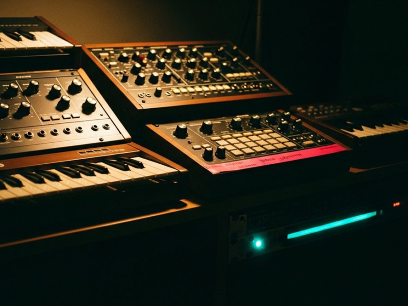 Vintage synthesizers and drum machines on a shelf, warm amber light raking across faceplates, teal rack LED, hot pink gaffer tape label