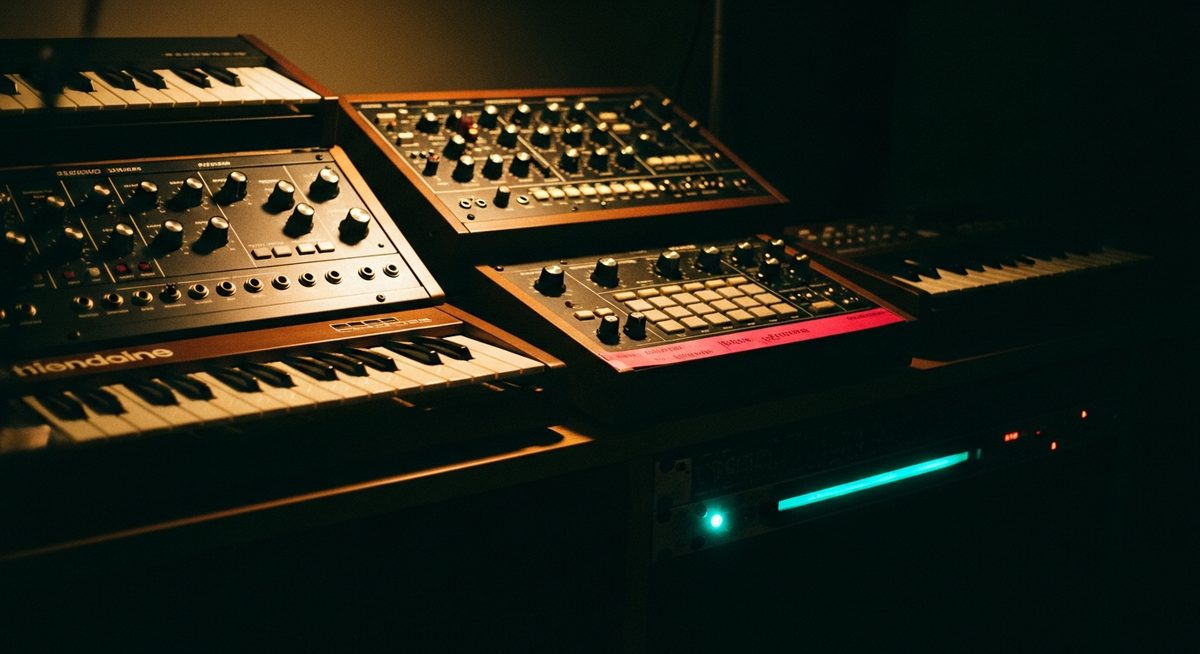 Vintage synthesizers and drum machines on a shelf, warm amber light raking across faceplates, teal rack LED, hot pink gaffer tape label