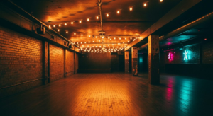 Vintage underground club with warm amber and honey-gold tones on exposed brick, worn floor, string lights, timeless atmosphere