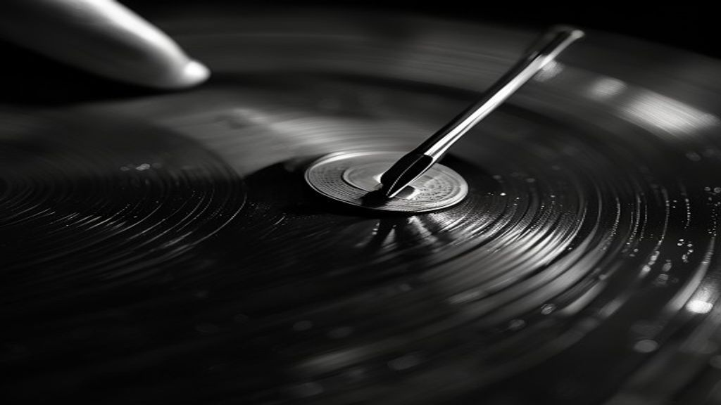 Close-up of vinyl needle in groove under warm light