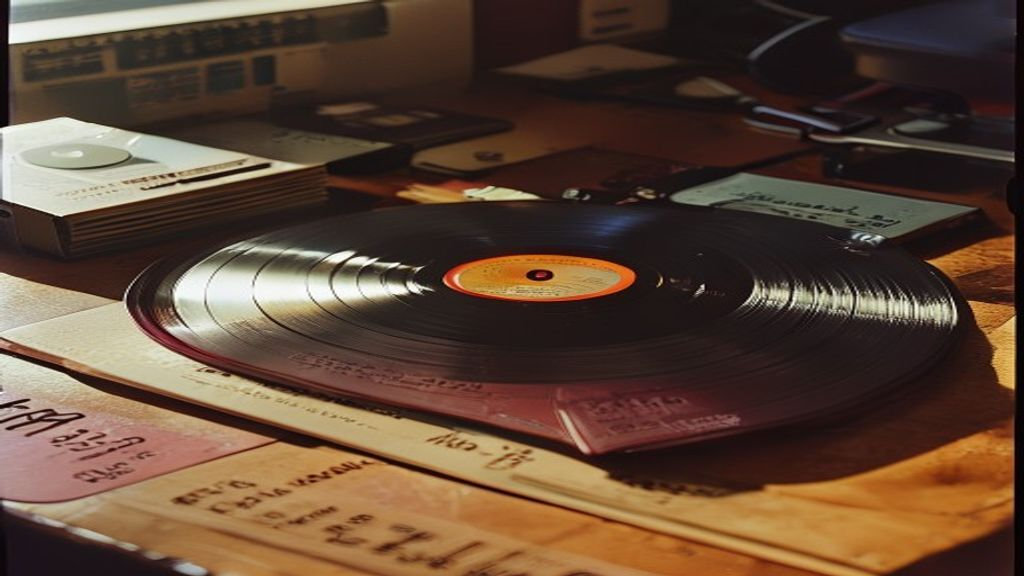 Vinyl record next to Korean passport and Berlin underground club flyer