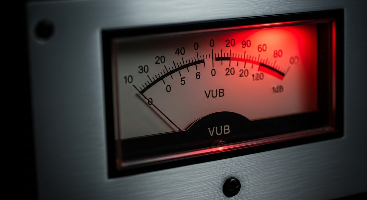 Close-up of a vintage analog VU meter needle swung into the red zone past 0dB, glass face, brushed metal, red light and deep shadow