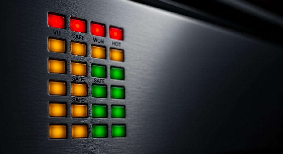 Close-up of a VU meter panel with amber and green LED levels and red peak indicators glowing at the top, deep shadows